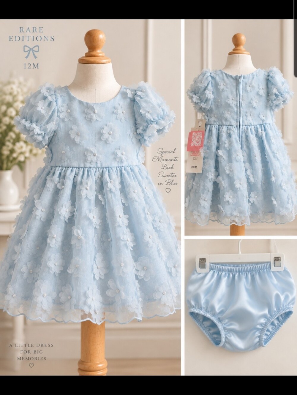 Rare Editions Baby Girl Blue 3D Floral Party Dress Bloomer Set 12M NWT